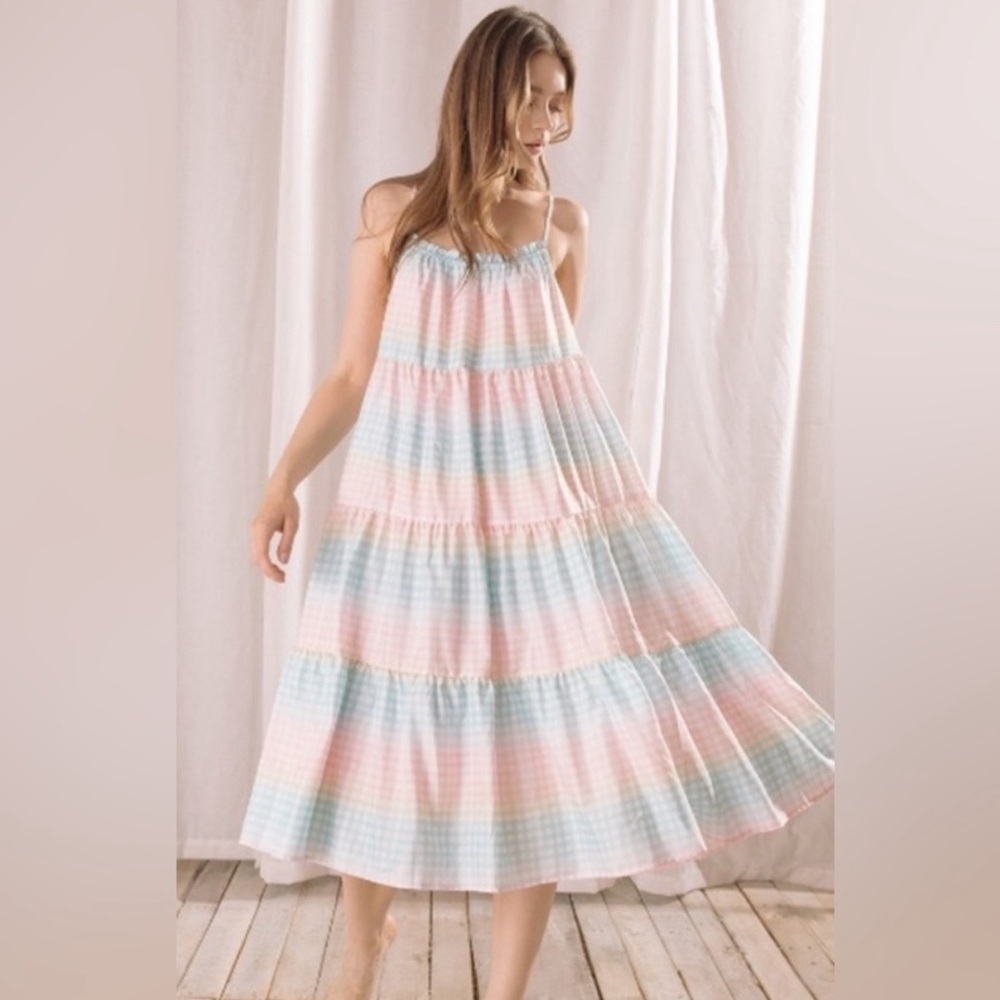 Storia NEW Dress Gingham Medium Spaghetti Strap Midi Maxi Length Pastel Picnic